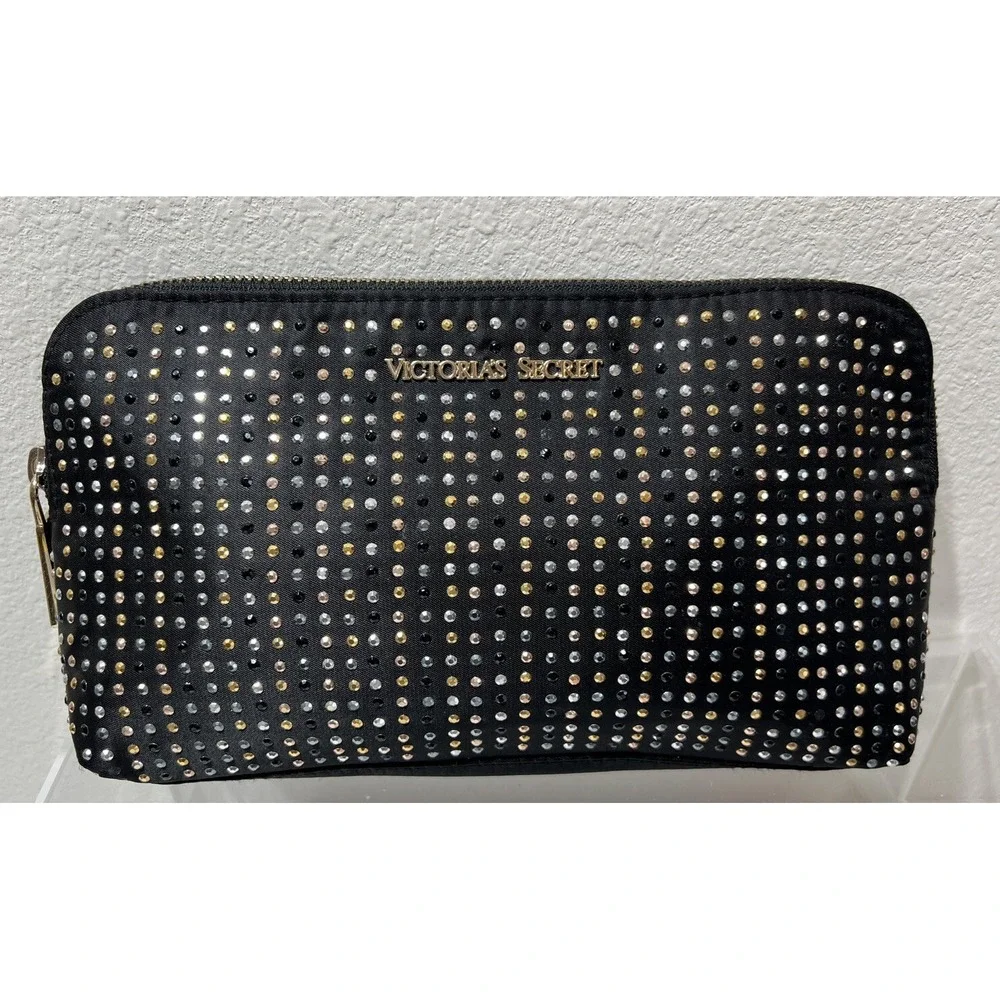 VICTORIA SECRET Makeup Bag Black With Silver & Gold Sequins Studs LEOPARD Lined